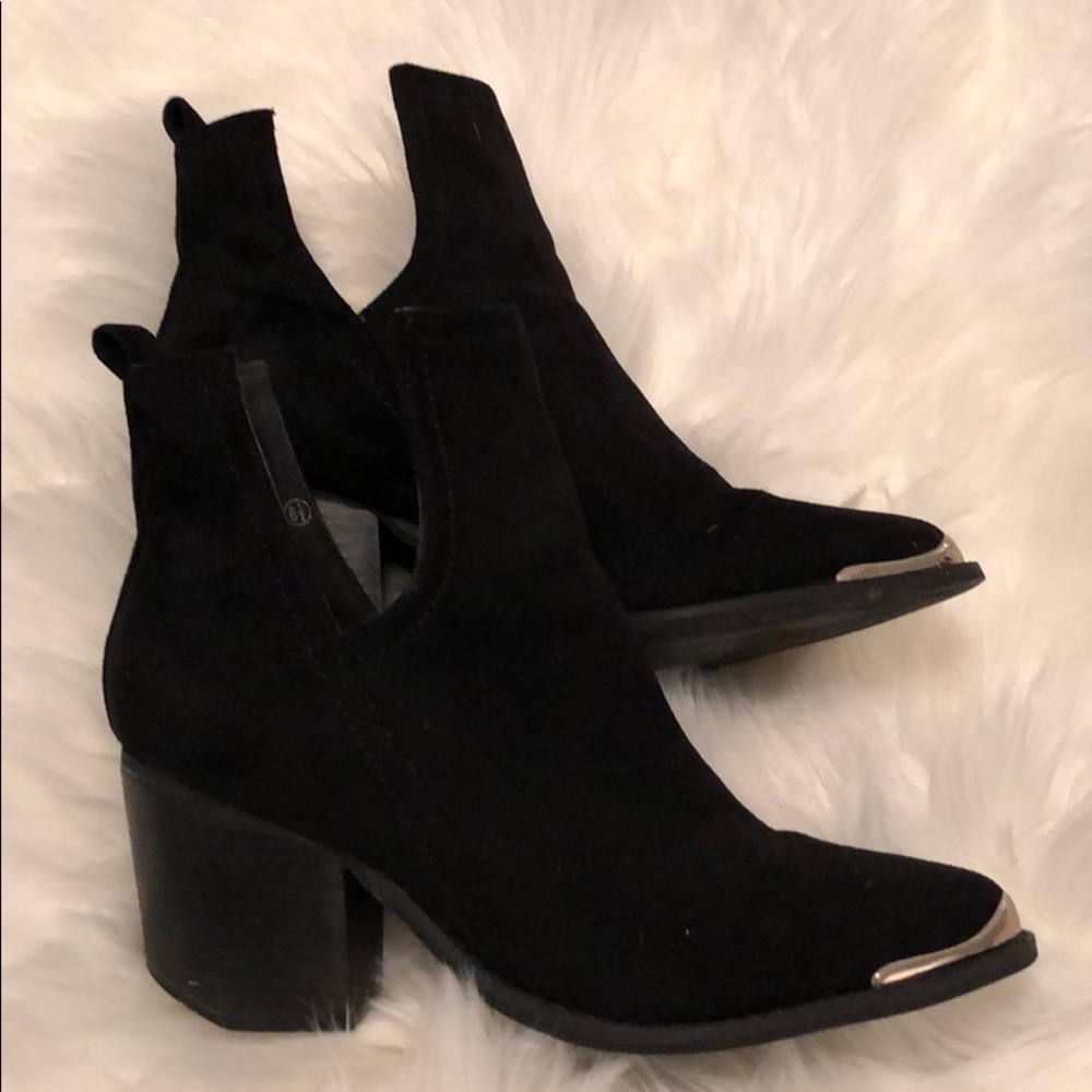 Black Faux Suede Cut Out Bootie with Gold Tips